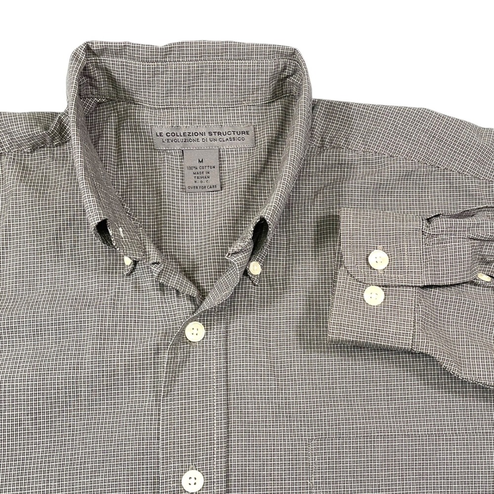 Le Collezioni Structure Medium Grey Check Button Down Shirt Cotton Dark Academia